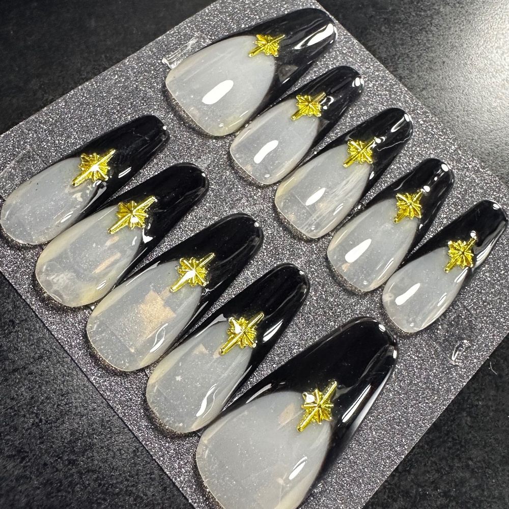 Long coffin french tip black with gold stars handmade press on nails